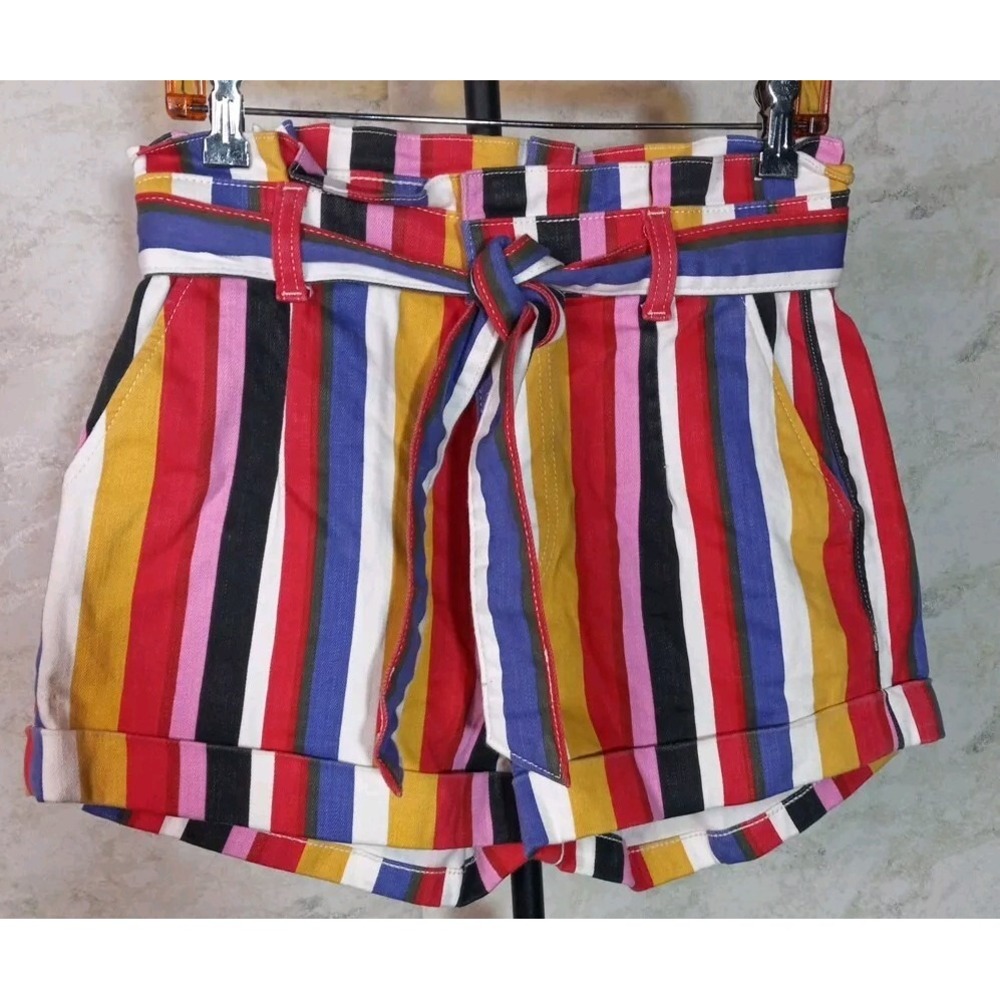 Express Women Shortie Extreme High Rise Striped Paperbag Denim Shorts Size 6